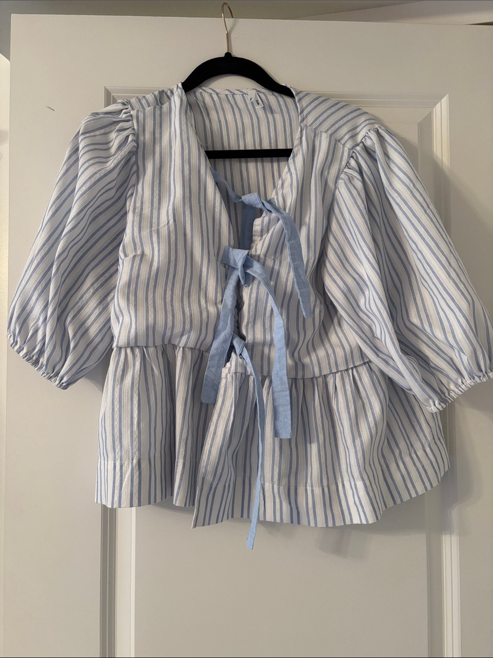 Striped Peplum Tie-Front Blouse in Light Blue and White